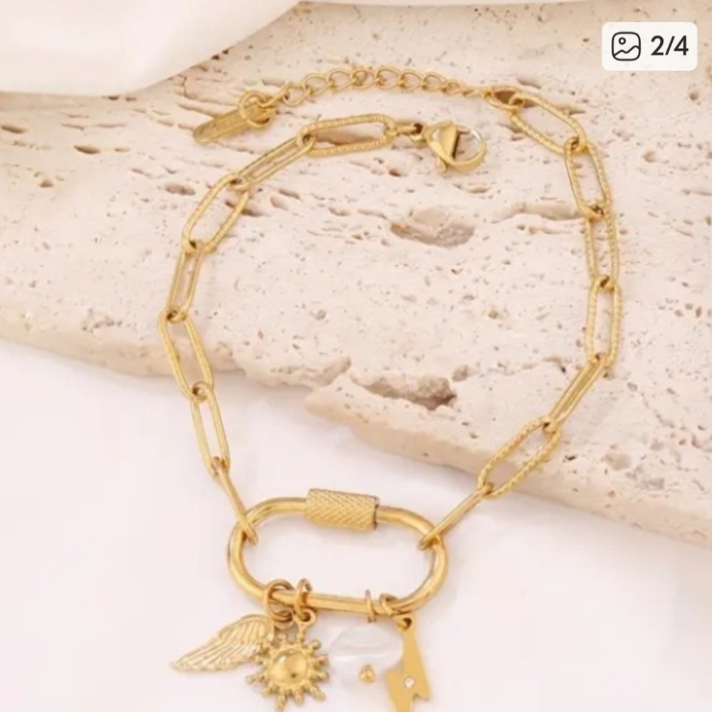 High-end Quality Vintage Boho Gold Wing Lightning Sun Pendant Charm Bracelet